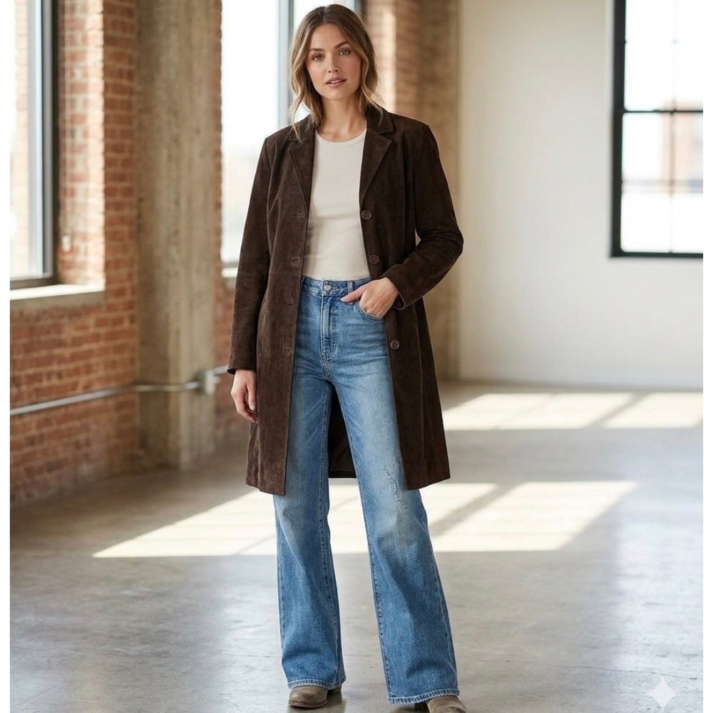 Metrostyle Vtg Suede Leather Coat Women Size 10 Large Brown y2k Trench Jacket